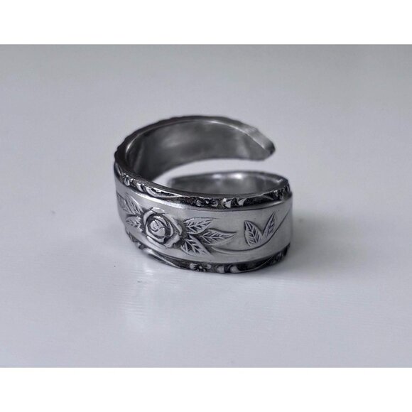 Handmade Rose Spoon Ring - Size 9.5 Floral Silverware Wrap Band Silver - Picture 1 of 8
